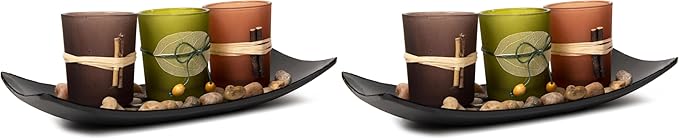 Dawhud Direct Decorative Votive Candle Holders, Vintage Decor Flameless Candlescape Set, 3 LED Tea Light Candles, Rocks and Tray - Fall Table Decor (Earth Tones) (Pack of 2)