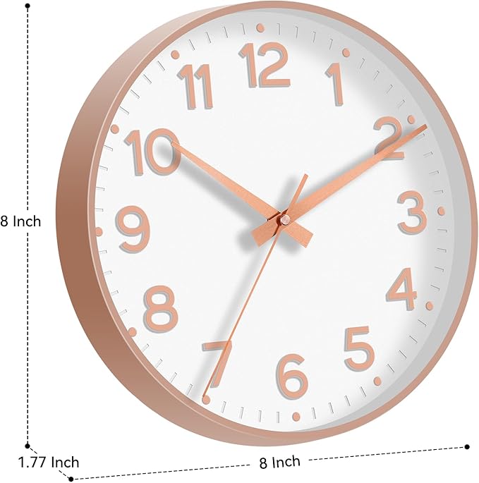 Roymnie Wall Clock, Silent Wall Clocks Battery Operated 8 Inch-Modern Non Ticking Analog Clock Decorative for Kitchen Office Bathroom Bedroom(White Rose Gold)