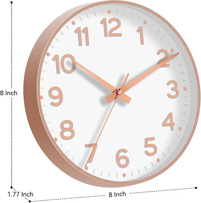 Roymnie Wall Clock, Silent Wall Clocks Battery Operated 8 Inch-Modern Non Ticking Analog Clock Decorative for Kitchen Office Bathroom Bedroom(White Rose Gold)