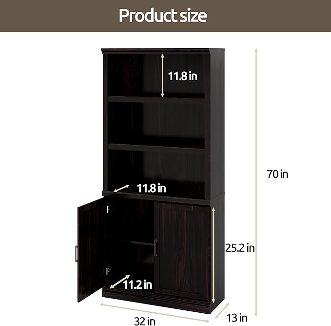 70 Inch Tall Bookcase with Doors, Library Office Bookshelf with Adjustable Shelves, Floor Standing Book Cabinet Shelves for Living Room Bedroom with Anti Tipping Kit, Dark Cherry Finish