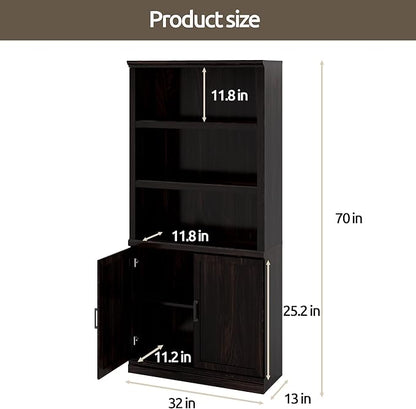 70 Inch Tall Bookcase with Doors, Library Office Bookshelf with Adjustable Shelves, Floor Standing Book Cabinet Shelves for Living Room Bedroom with Anti Tipping Kit, Dark Cherry Finish