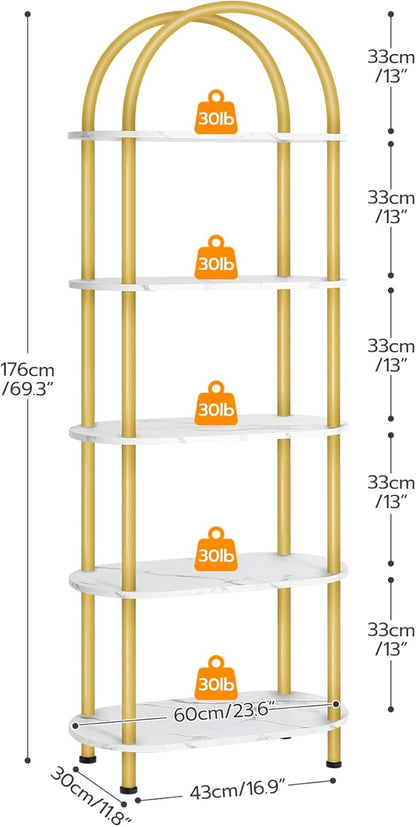 HOOBRO 5 Tier Open Bookshelf, Industrial Arched Bookcase Display Shelf Rack, Wooden Bookcase Storage Shelf Metal Frame, Tall Storage Organizer for Home, Easy Assembly, Gold DM176SJ01