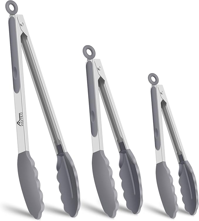HOTEC Premium Stainless Steel Locking Kitchen Tongs with Silicon Tips, Set of 3-7", 9" and 12" (Grey)