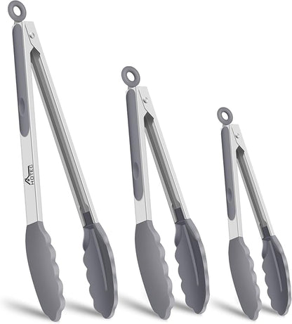 HOTEC Premium Stainless Steel Locking Kitchen Tongs with Silicon Tips, Set of 3-7", 9" and 12" (Grey)