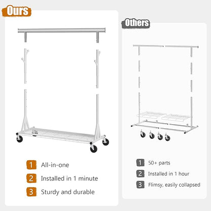 Heavy Duty Clothes Rack, 530 lbs Load Capacity Metal Garment Rack on Wheels - Collapsible Adjustable Portable Storage with Hooks, White