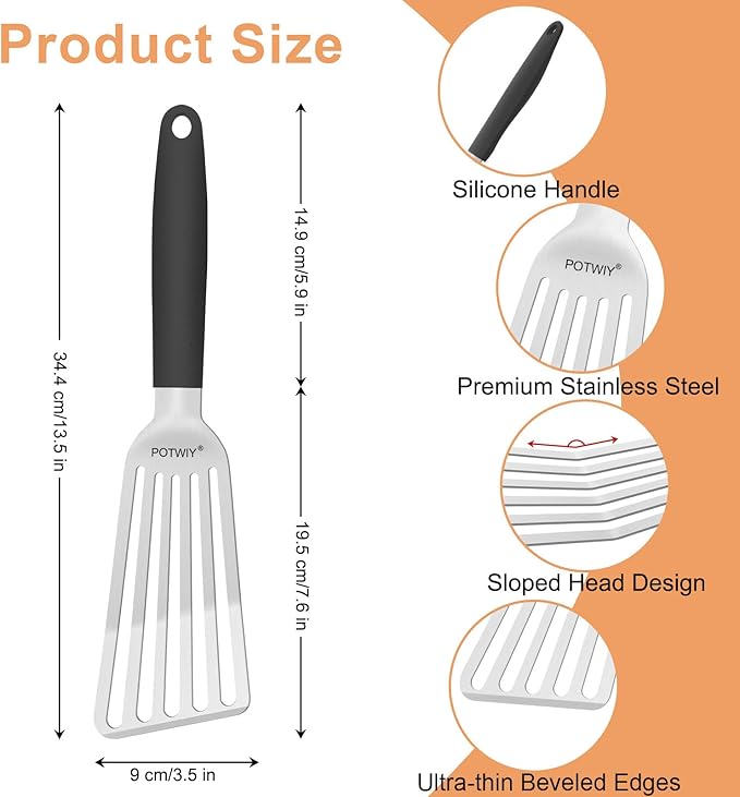 POTWIY Stainless Steel Fish Spatula, Metal Fish Turner with Silicone Handle, Kitchen Slotted Spatula for Cast Iron Skillet Cooking and Grilling, Beveled Edge and Curved Blade, 13.5 Inch