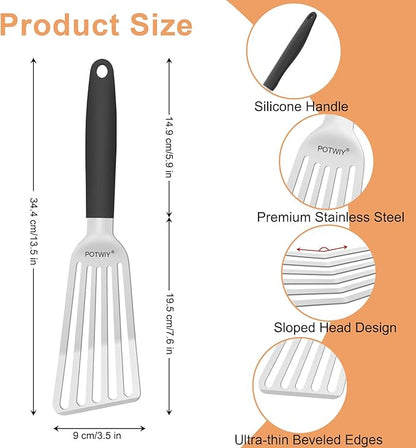 POTWIY Stainless Steel Fish Spatula, Metal Fish Turner with Silicone Handle, Kitchen Slotted Spatula for Cast Iron Skillet Cooking and Grilling, Beveled Edge and Curved Blade, 13.5 Inch