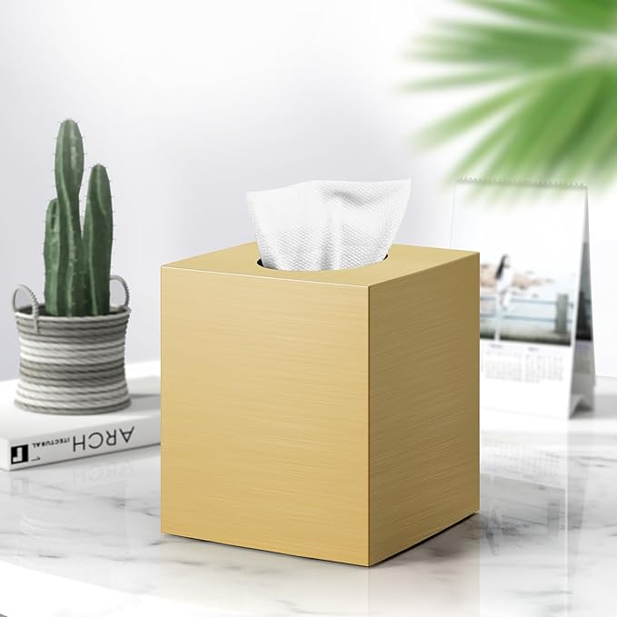 Tissue Box Cover, Square Facial Acrylic Tissue Box Holder with 2 Pack Clear Qtip Holder Dispenser, Bathroom Vanity Dresser Night Stand Essentials Accessories Decor, Modern Farmhouse Decor, Gold