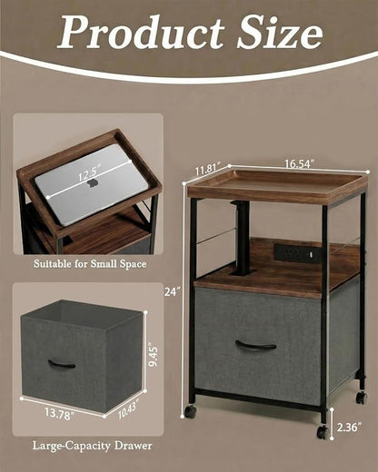 Faesun Swivel Lift Top Nightstand with Charging Station, Rolling Night Stand with Fabric Drawer, Adjustable Bedside Table for Bedroom, Living Room, Walnut Gray, Pro