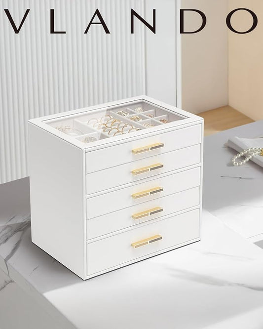 VLANDO 5 Layer Jewelry Box for Women, Glass Lid Jewelry Organizer with 5 Drawers for Necklaces Rings Earrings Bracelets - White