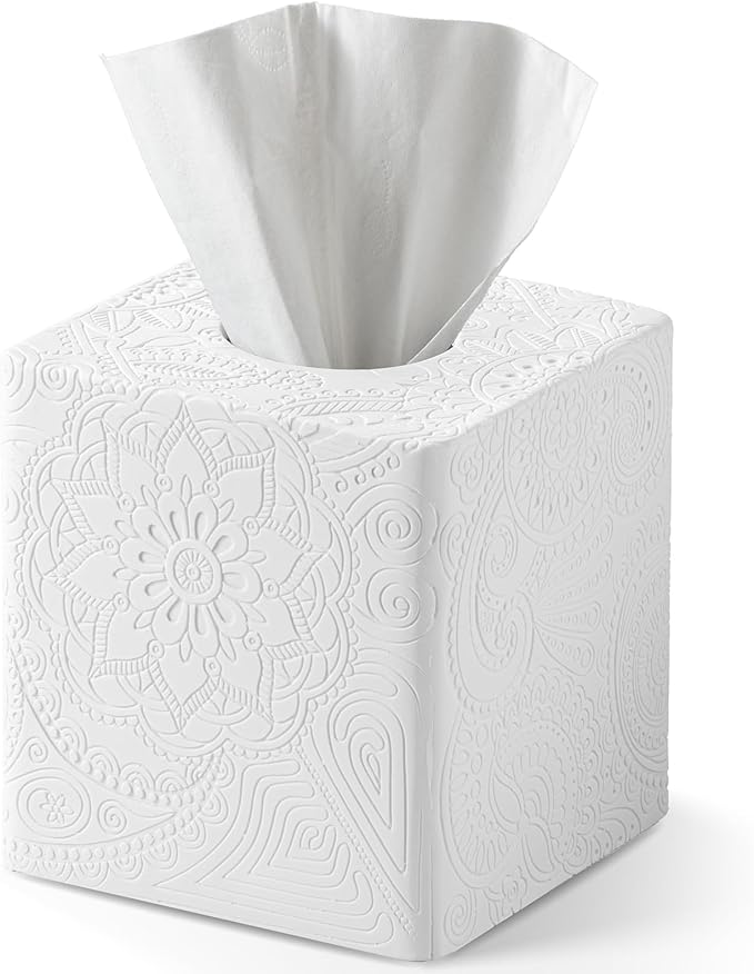 Square Tissue Box Cover Decorative,Napkin Dispenser,Facial Paper Holder for Bathroom Vanity Countertop,Bedroom Dresser,Night Stand, Desk, Office and End Table,Boho Flowers White