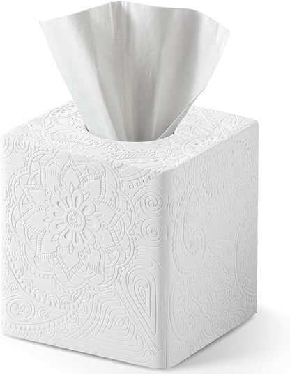 Square Tissue Box Cover Decorative,Napkin Dispenser,Facial Paper Holder for Bathroom Vanity Countertop,Bedroom Dresser,Night Stand, Desk, Office and End Table,Boho Flowers White