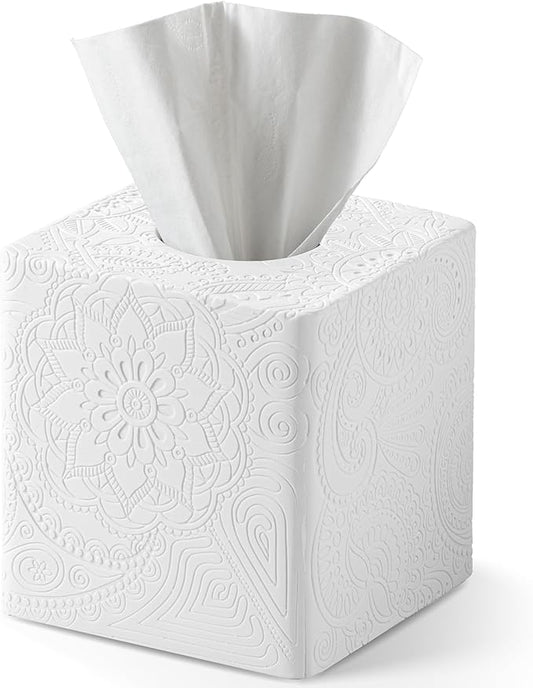 Square Tissue Box Cover Decorative,Napkin Dispenser,Facial Paper Holder for Bathroom Vanity Countertop,Bedroom Dresser,Night Stand, Desk, Office and End Table,Boho Flowers White