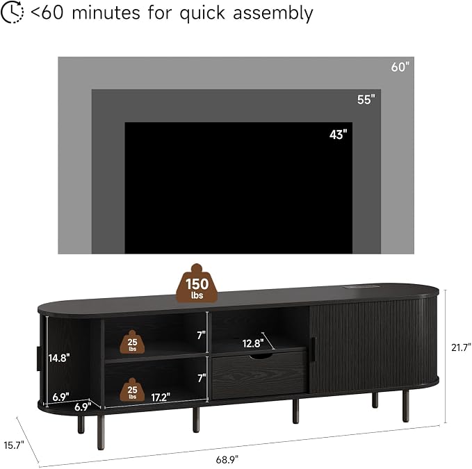 69" Mid-Century TV Stand with Power Outlet, Fluted Entertainment Center with Storage Drawer, TV Console with Sliding Door and Adjustable Shelves, TV Stand up to 80" for Living Room, Bedroom, Black
