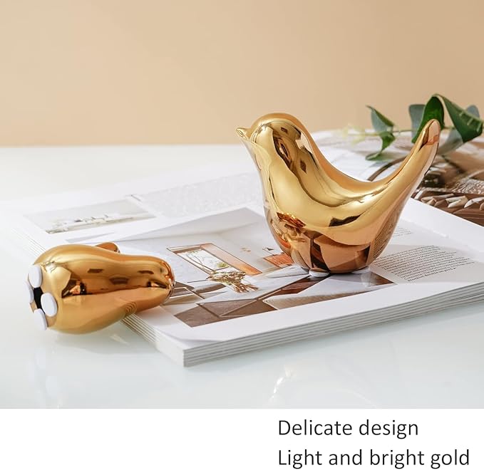 WhimWove 2 Pcs Ceramic Small Bird Figurines Modern Animal Statues for Home 、Room Decor and Bedroom Decor and Bookshelf Display (Gold)