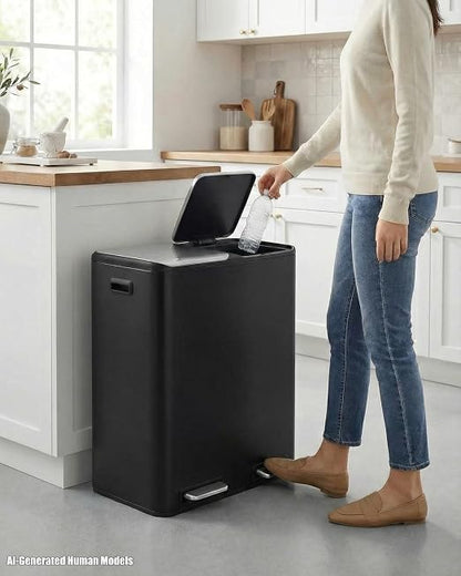 ComfyCorner 16 Gal (2 x 30 L) Dual Trash Can, Stainless Steel Kitchen Garbage Bin, Recycle Dustbin with Odor Control Box, Soft-Close Lid, Inner Buckets, Side Handle, Step Pedal, for Home Office