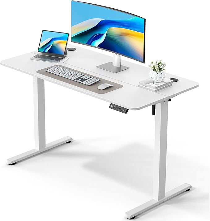 48" Electric Standing Desk Adjustable Height, Ergonomic Sit Stand Computer Desk for Home Office, Sturdy Motorized Workstation with Memory Controller & Timer, White