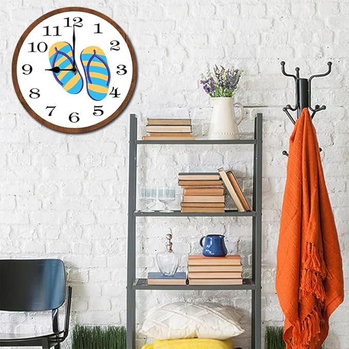 Summer Flip Flops Wall Clock 10 Inch Wooden Battery Operated Autumn Forest Maple Leaves Wall Clocks Decorative Indoor,Decorative for Kitchen Bathroom Bedroom