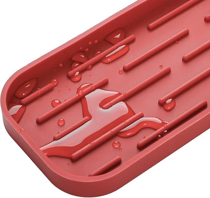 MicoYang Silicone Kitchen Sink Organizer Tray for Multiple Usage,Eco-Friendly Sponges Holder for Kitchen Bathroom Counter or Sink,Dish Soap Dispenser,Scrubber,Bottle,Cup (Red, 12"×4")