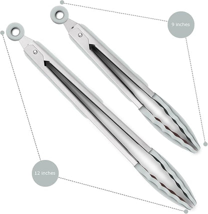 2 Pack Silicone Kitchen Tongs – 9" & 12" Set, Heat Resistant up to 500°F, Non‑Stick Cookware Safe, Wavy Silicone Tips, BPA Free, Locking Clip & Hanging Loop, Warm Grey