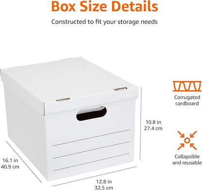 Amazon Basics Medium Duty Storage/Filing Boxes with Lid and Handles, Legal/Letter Size, Collapsible, Foldable, Tape-Free Assembly, 16.2" L x 12.5" W x 10.5" H, White, 12-Pack