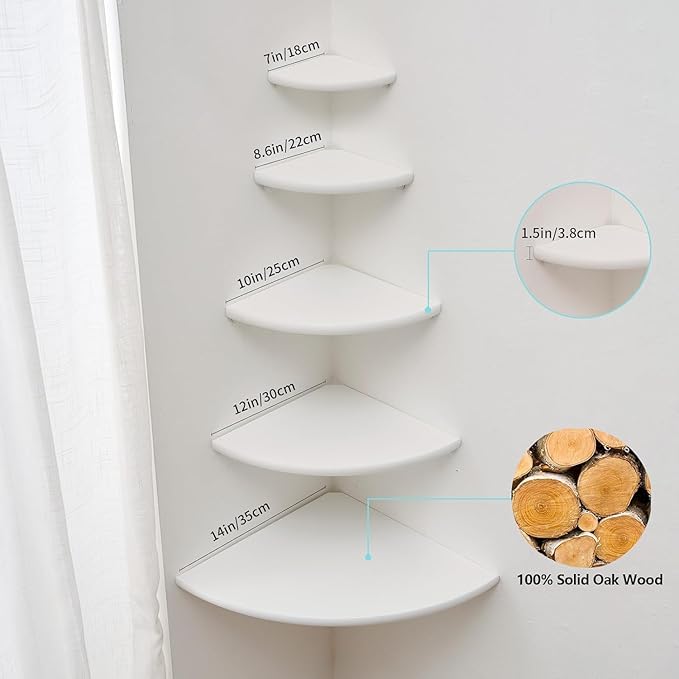 Conamily Corner Shelf, Solid Oak Wood Floating Corner Shelf Wall Mount Round End Floating Speaker Shelves with Wire Hole for Small Plant Photo Frame for Bedroom Kitchen, Living Room (White, 8.7in)