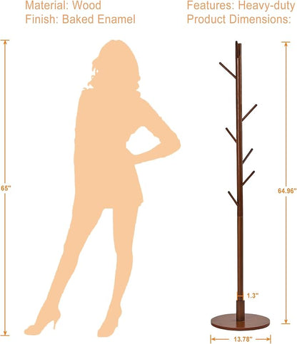 VECELO Coat Rack Freestanding, Entryway Hanger Stand, Umbrella Holder, Hall Tree With Hooks, Floor Standing Tree Stand,Walnut