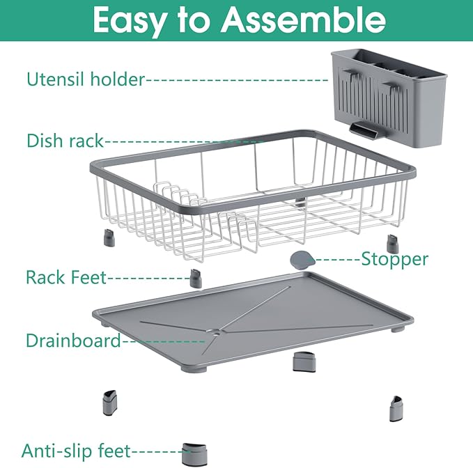 Hiviweer Dish Drying Rack - Space-Saving Dish Rack,Dish Racks for Kitchen Counter with Drainboard, Rustproof Dish Drainer with a Removable 4-Compartment Utensil Holder,Gray