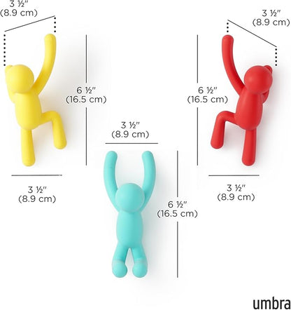 Umbra Buddy Wall Hooks – Decorative Wall Mounted Coat Hooks for Hanging Coats, Scarves, Bags, Purses, Backpacks, Towels and More, Set of 3, Red/Blue/Yellow