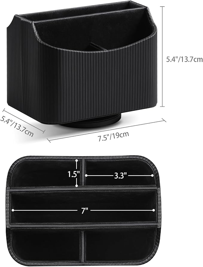 PU Leather Remote Control Holder, 360 Degree Rotating Desk Organizer Storage Table Remote Caddy, Spinning Bedside Organizer Nightstand Organizer for Desktop Office Home Black