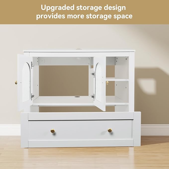 36 Inch White Bathroom Vanity with Water Ripple Design Door, Modern Stylish Cabinet with Clear Boat Glass Sink Top