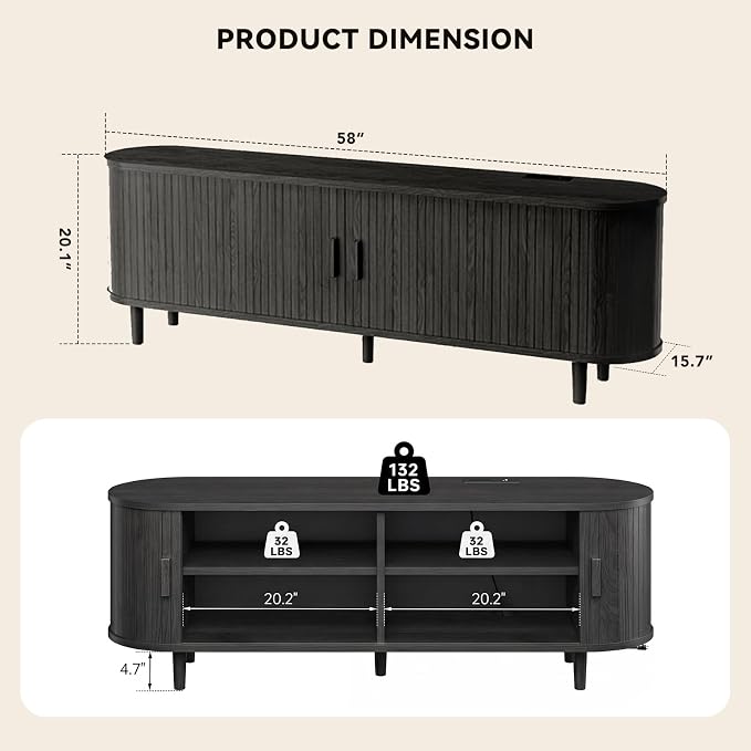 58" Mid Century Modern TV Stand with Power Outlet, Fluted Entertainment Center with Storage and Adjustable Shelves, Wood TV Console with Sliding Doors for Living Room, Black