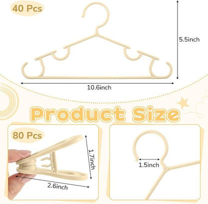 Hsei 5/10/40 Pack Baby Hangers with 10/20/80 Clips, Plastic Kids Pants Hangers for Nursery Closet Top and Bottom Clothes Hanger Set for Newborn Infant Toddler(120 Packs Total,Ivory,10.6 Inch)