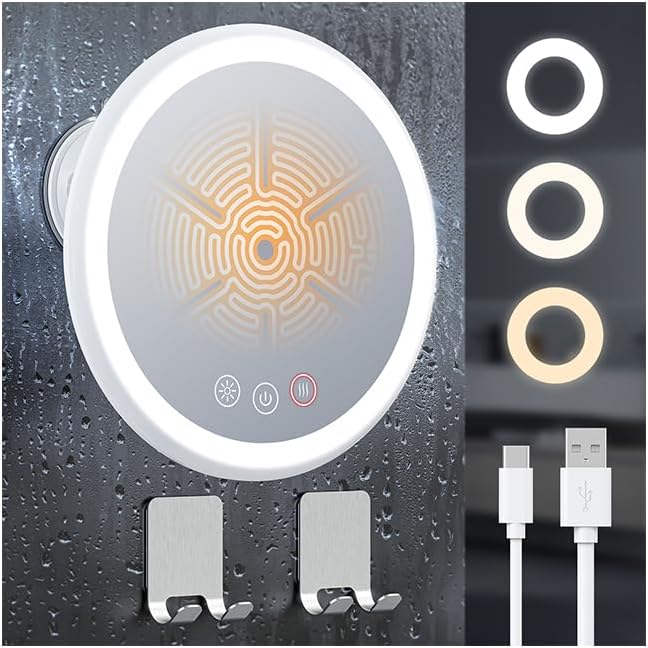 Gospire 3X Magnifying Heated Shower Mirror Fogless for Shaving, 5000mAh Battery, 360° Swivel & Magnetic Design, 8.3” Anti-Fog Shower Shaving Mirror with 3 Color Lights, Includes 2PCS Adhesive Hooks