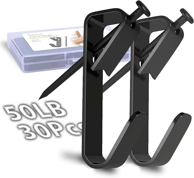 Picture Hangers Heavy Duty, Extra Thick, 50 lb, Decorative Hanging Hooks Hardware for Drywall and Plaster Walls with Large Nailers and Nails, Painting, 30pcs, Black