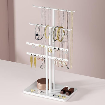 pickpiff Jewelry Stand Organizer, 14.5" Tall Sturdy Metal, 3-TierJewelry Holder for Necklace, Earring, Bracelet, Ring, Hanger for Display and Storage, Aesthetic Room Decor, White