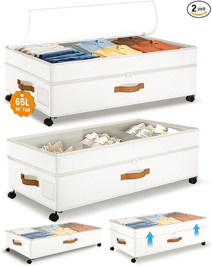 Under Bed Storage with Wheels, 10 inches Under Bed Storage Containers, 65L XXL Large Adjustable Underbed with Lids, Rolling Underbed Storage bins for Shoes, Clothes, Blankets, White