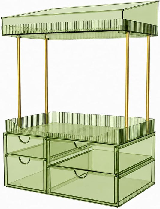 SNSLXH 4 Drawers Makeup Organizer - 4 Tier Makeup Storage, Cosmetics Organiser, Ideal for Cosmetic, 4 Dividers with Drawers for Countertop, Bathroom, Office Supplies, Dresser Transparent Green