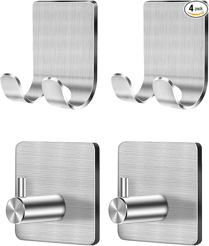 CGBE 4 Packs Shower Hooks for Inside Shower, Self Adhesive Shaver Holder Hanger Hook for Bathroom Damage Free Wall Hooks for Razor Loofah Sponge