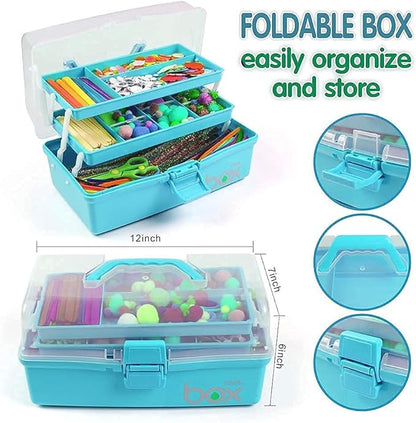 TERGOO 12in 3-Layer Plastic Craft Organizers and Storage, Portable Folding Tackle Box with Handle & Adjustable Dividers, Multipurpose Case for Sewing, Art Supplies, Medicine, Tools (Blue)