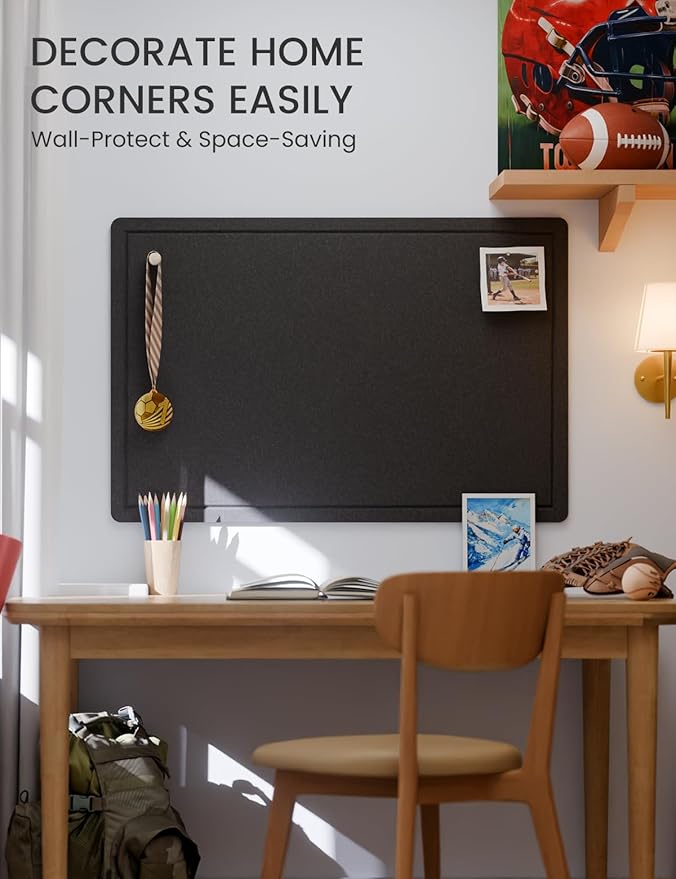 Fluxynara Bulletin Board,35.4" x 23.6" Cork Board Alternative with 12 Safe Removable Adhesive Tabs, Foldable Felt Pin Board for Home Office, Classroom, Bedroom,Entryway for Walls— Black