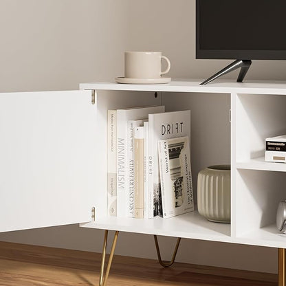 TV Stand for 55-65 Inch TV, Entertainment Center with Soft Hinge Door,TV Console Table with 2 Cabinets with Gold Handle and Feet,for Living Room, Bedroom, White