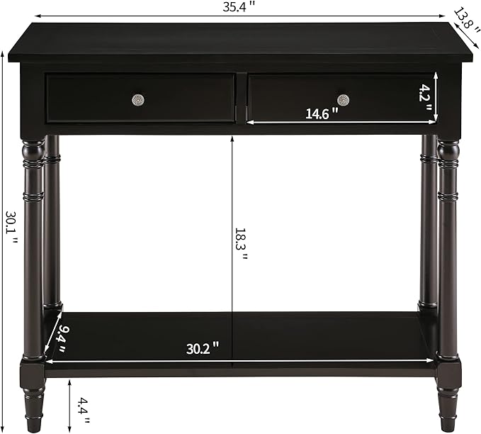 Solid Wood Console Table with 2 Drawers, 2-Tier 35.4" X 30" Accent Sofa Table with Multilayer Storage Shelf Rustic Hall Entryway Tables for Living Room Home Office-Black