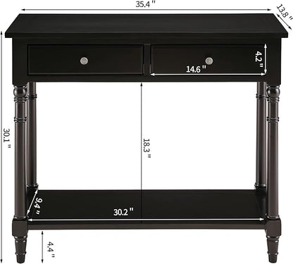 Solid Wood Console Table with 2 Drawers, 2-Tier 35.4" X 30" Accent Sofa Table with Multilayer Storage Shelf Rustic Hall Entryway Tables for Living Room Home Office-Black