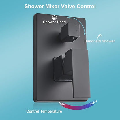 Matte Black Shower Head and Handle Set 8 Inch, Rain Shower Head with 2 Hooks, Luxury Rain Shower Set Square Wall Mount for Bathroom with Rain Shower and Handheld Shower System
