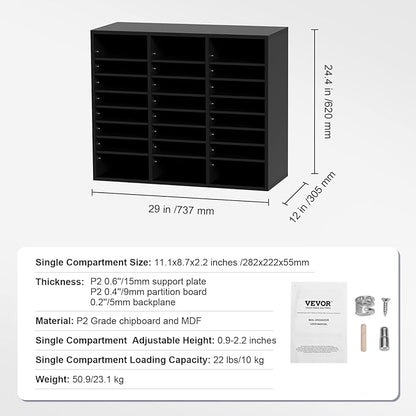 VEVOR Literature Organizers, 24 Compartments Office Mailbox with Adjustable Shelves, Wood Literature Sorter 29x12x24.4 inches for Office, Home, Classroom, Mailrooms Organization, EPA Certified Black