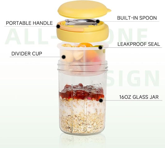Overnight Oats Containers with Handles & Lids – 16oz Glass Mason Jars with Spoons & Fruit Compartments, Chia Pudding Jars with Lids, 4 Sets (Cream, Blue, Yellow, Pink)