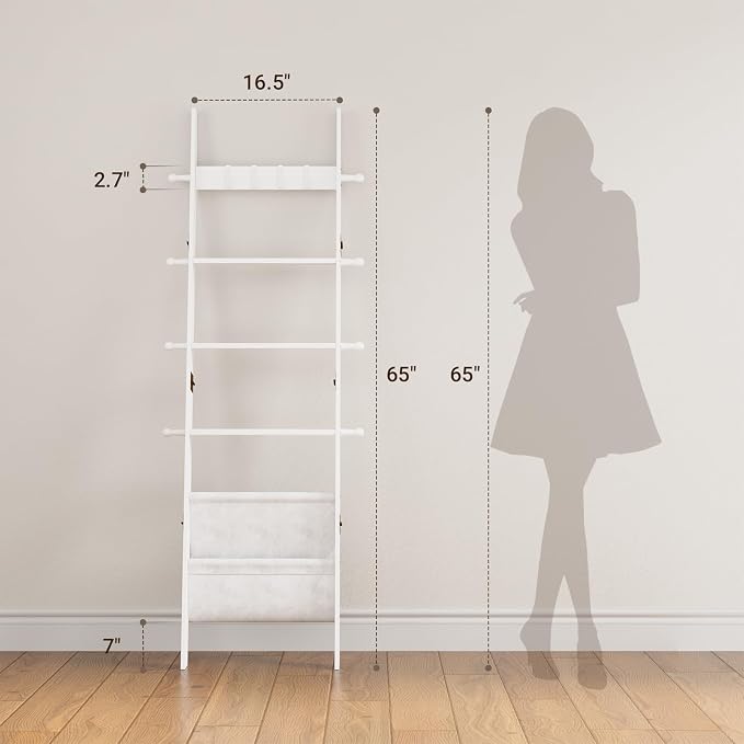 ELYKEN Blanket Ladder for Living Room, 5-Tier Wooden Towel Rack with Synthetic Leather Pocket, 4 Removable Hooks, Decorative Leaning Ladder Shelf for Bedroom, White