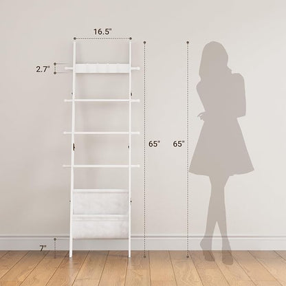 ELYKEN Blanket Ladder for Living Room, 5-Tier Wooden Towel Rack with Synthetic Leather Pocket, 4 Removable Hooks, Decorative Leaning Ladder Shelf for Bedroom, White