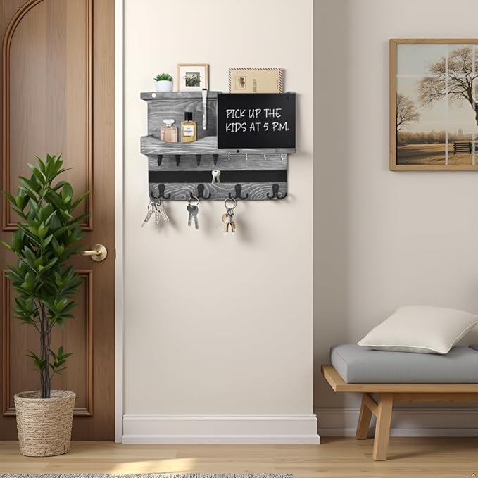 Key Holder for Wall Mount with Shelf and Mail Organizer, Key and Mail Holder with 16 Hooks, Farmhouse Entryway Organizer, Home Decor Rack(Pine Wood,Washed Gray)